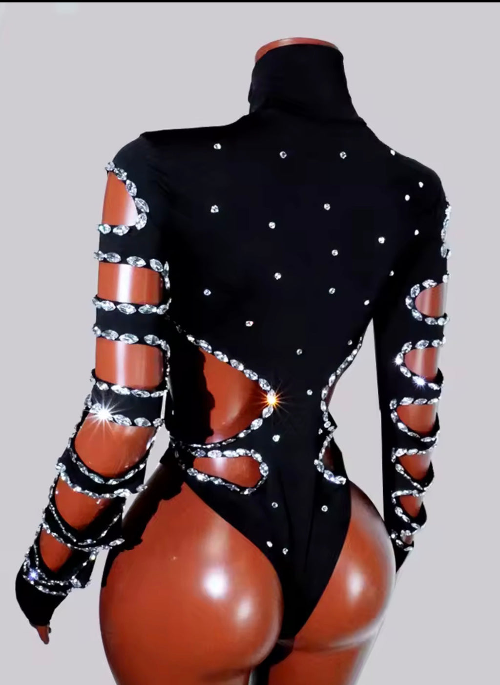 Black Crystal Rhinestone Two-Piece Set | Women's Cutout Leotard & Crystal Leggings Outfit