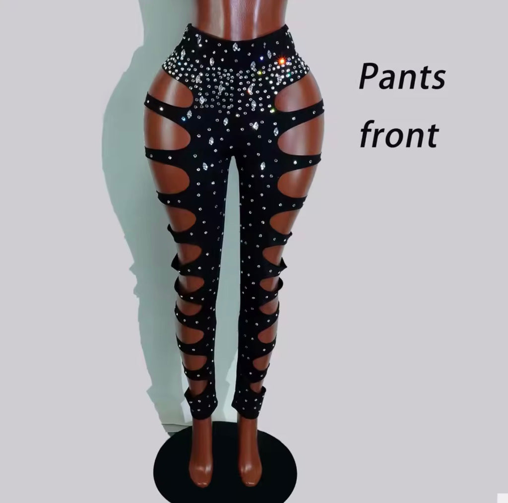 Black Crystal Rhinestone Two-Piece Set | Women's Cutout Leotard & Crystal Leggings Outfit