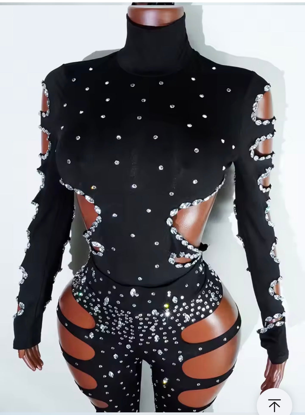 Black Crystal Rhinestone Two-Piece Set | Women's Cutout Leotard & Crystal Leggings Outfit