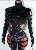 Black Crystal Rhinestone Two-Piece Set | Women's Cutout Leotard & Crystal Leggings Outfit