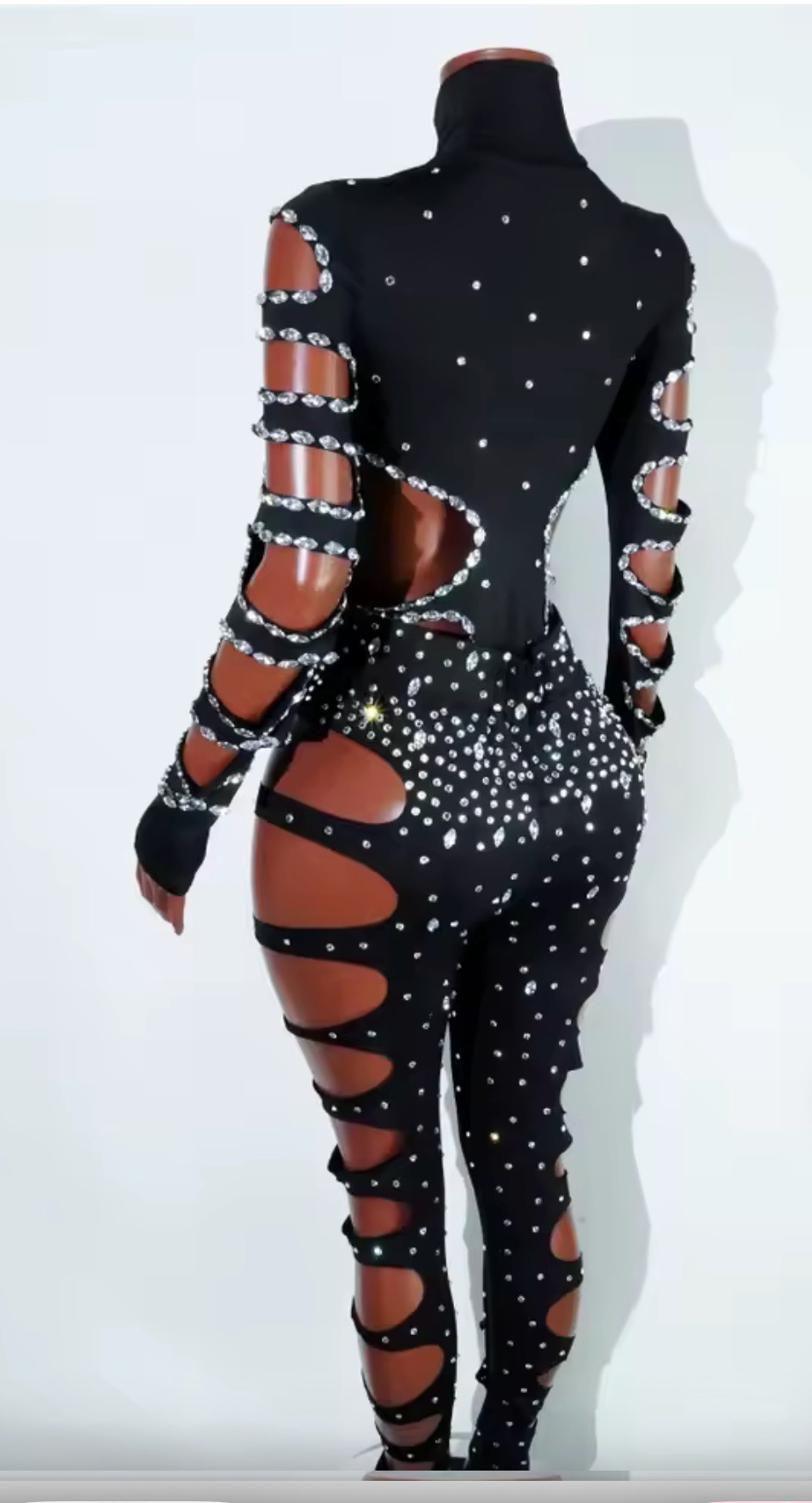 Black Crystal Rhinestone Two-Piece Set | Women's Cutout Leotard & Crystal Leggings Outfit