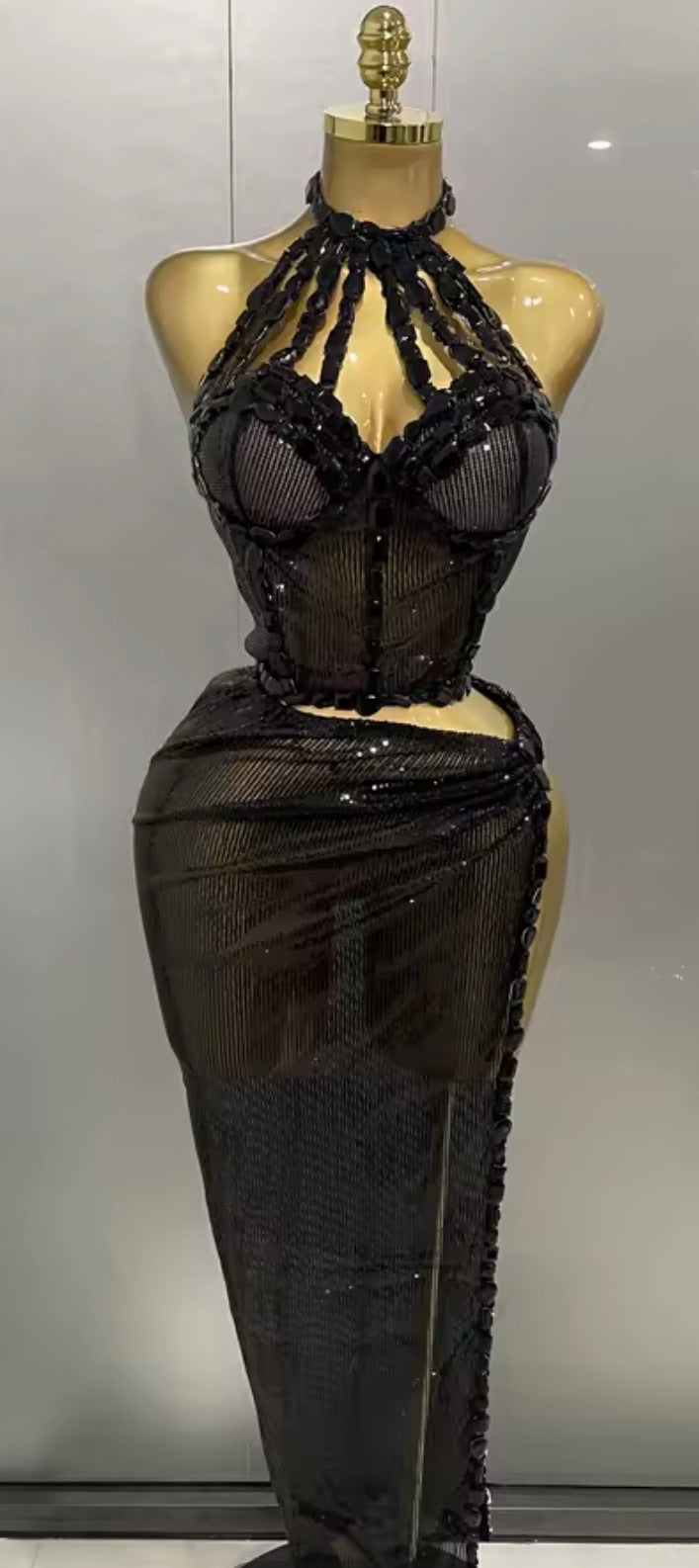 Black Out Rhinestone Two-Piece Skirt Set | Women's Sheer Maxi Skirt & Halter Top Outfit