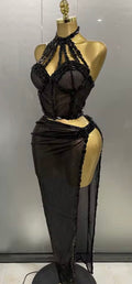 Black Out Rhinestone Two-Piece Skirt Set | Women's Sheer Maxi Skirt & Halter Top Outfit
