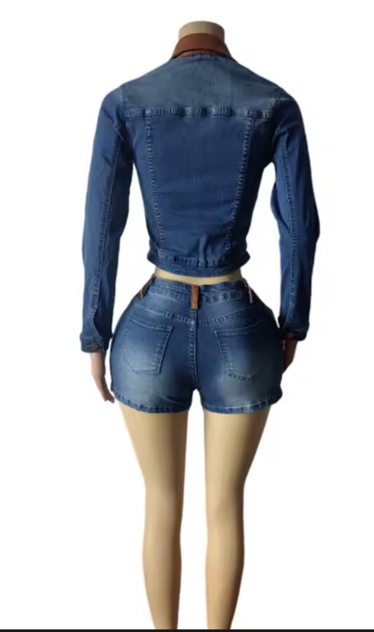 Hi Jeanie Denim Two-Piece Set | Women's Denim Jacket & Shorts Outfit with Tan Leather Trim