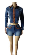 Hi Jeanie Denim Two-Piece Set | Women's Denim Jacket & Shorts Outfit with Tan Leather Trim