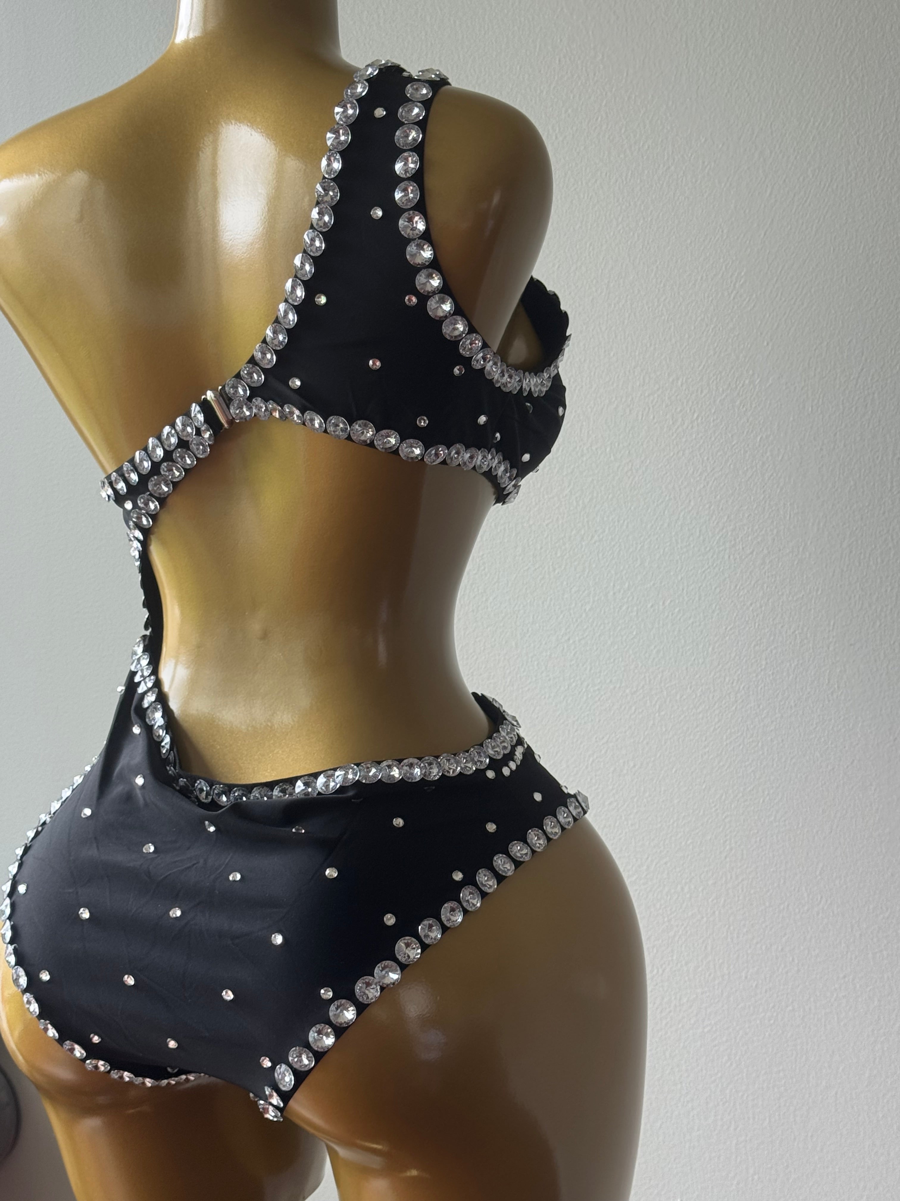 Let Me Shine Rhinestone One-Piece Swimsuit | Elegant Black Women's Swimwear
