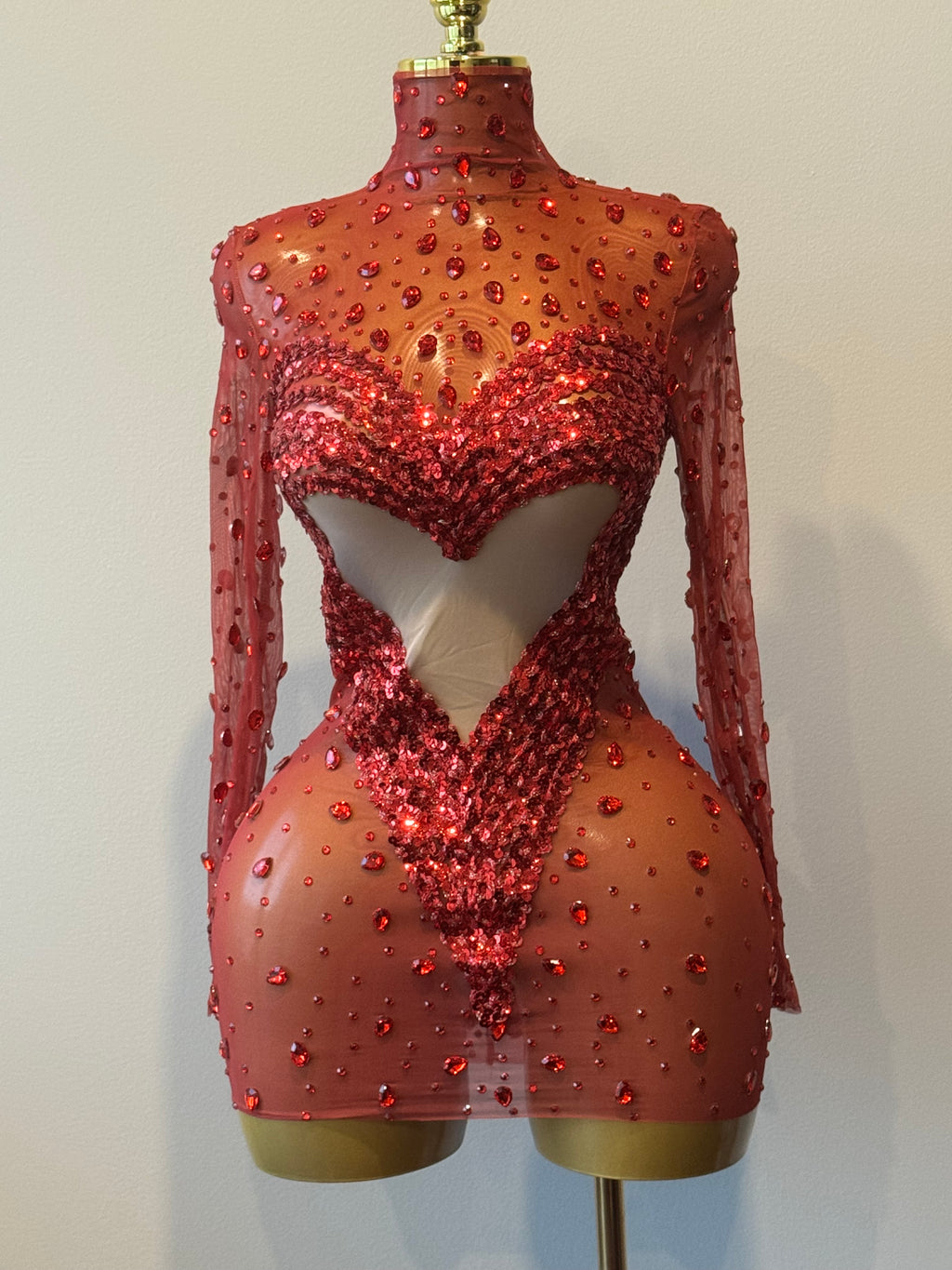 Luv Me Rhinestone Mesh Mini Dress | Women's Heart Cutout Bodycon Party Dress