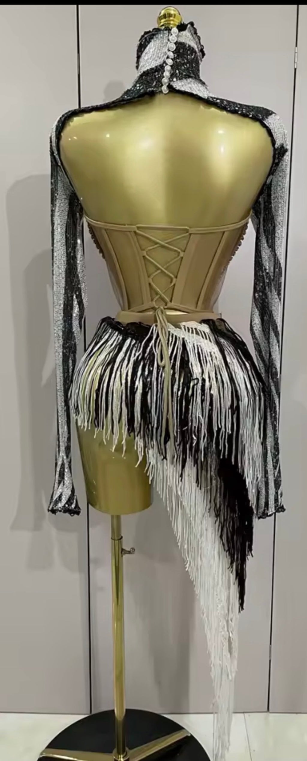 Luv Stripes Sequin Two-Piece Skirt Set | Women's Rhinestone Bustier Top & Striped Mini Skirt