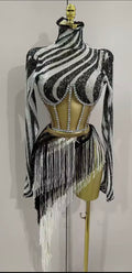 Luv Stripes Sequin Two-Piece Skirt Set | Women's Rhinestone Bustier Top & Striped Mini Skirt