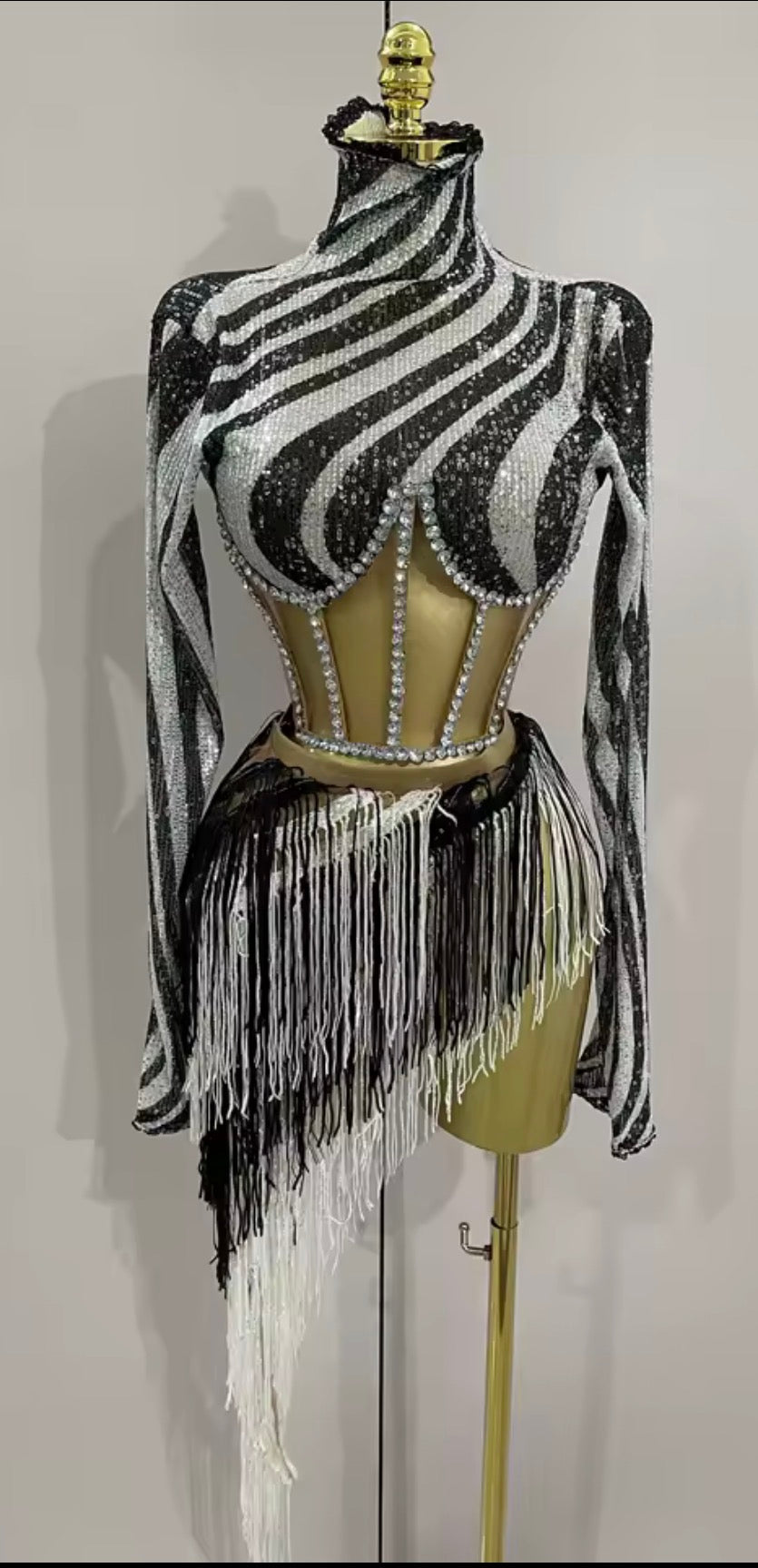 Luv Stripes Sequin Two-Piece Skirt Set | Women's Rhinestone Bustier Top & Striped Mini Skirt