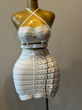 Sugar White Two-Piece Bandage Skirt Set | Women's Crop Top & Mini Skirt Outfit with Gold Buckles
