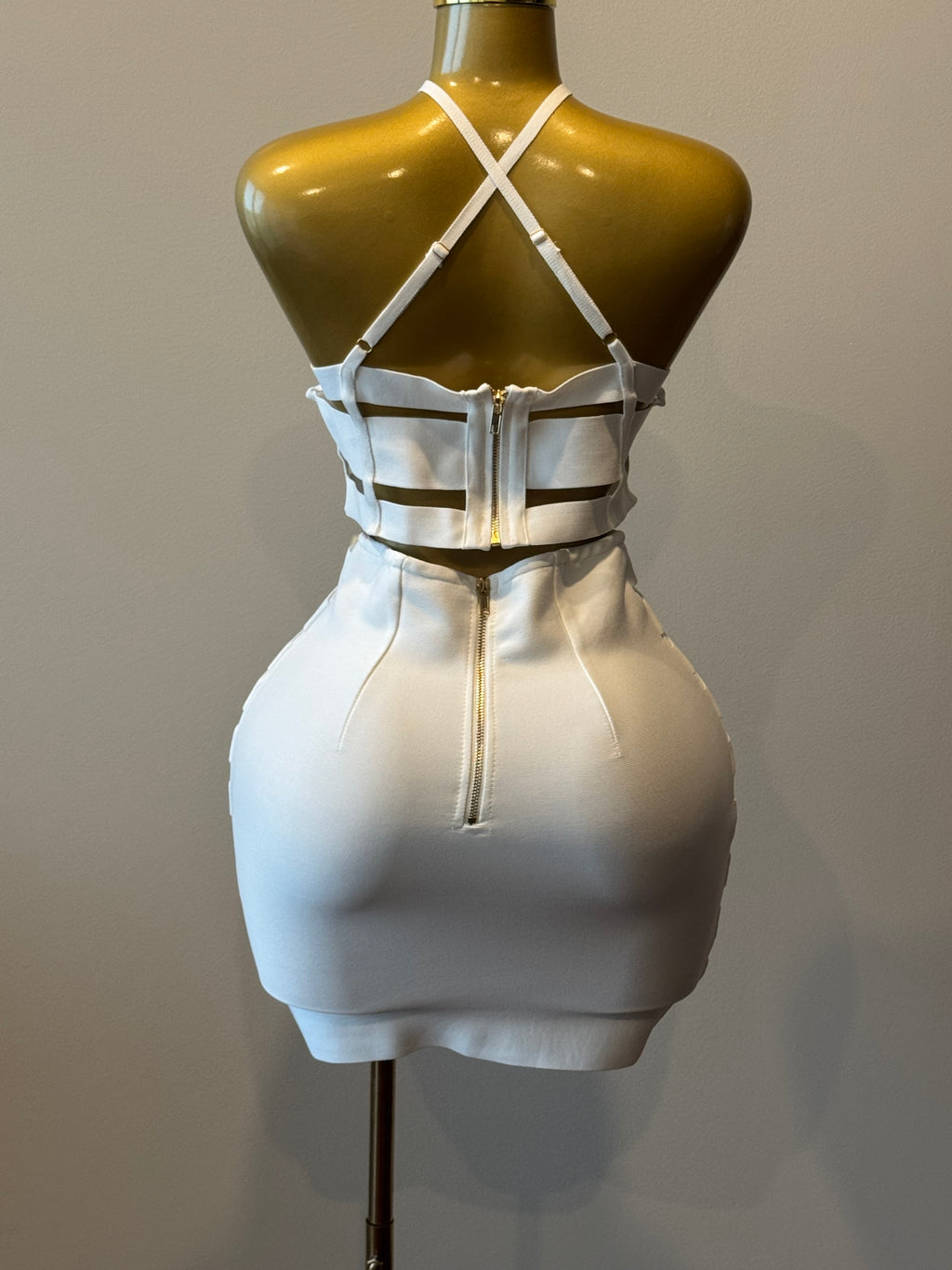 Sugar White Two-Piece Bandage Skirt Set | Women's Crop Top & Mini Skirt Outfit with Gold Buckles